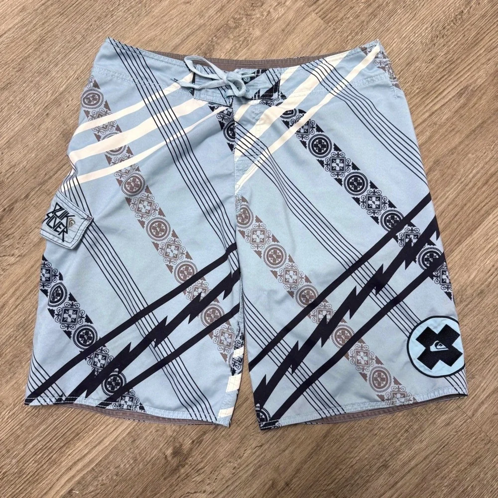 Vtg Y2K‎ Quiksilver Men Board Shorts Surf Blue Graphic Print Swim Trunks Size 36